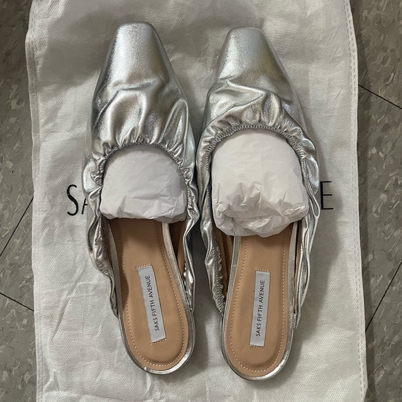 Saks Gore Square Toe Leather Flat Pumps. Silver Ballet Flats Mules, Size 9.5 - Picture 5 of 9